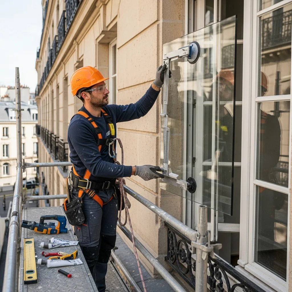 Vitrier remplaçant une vitre à Alfortville