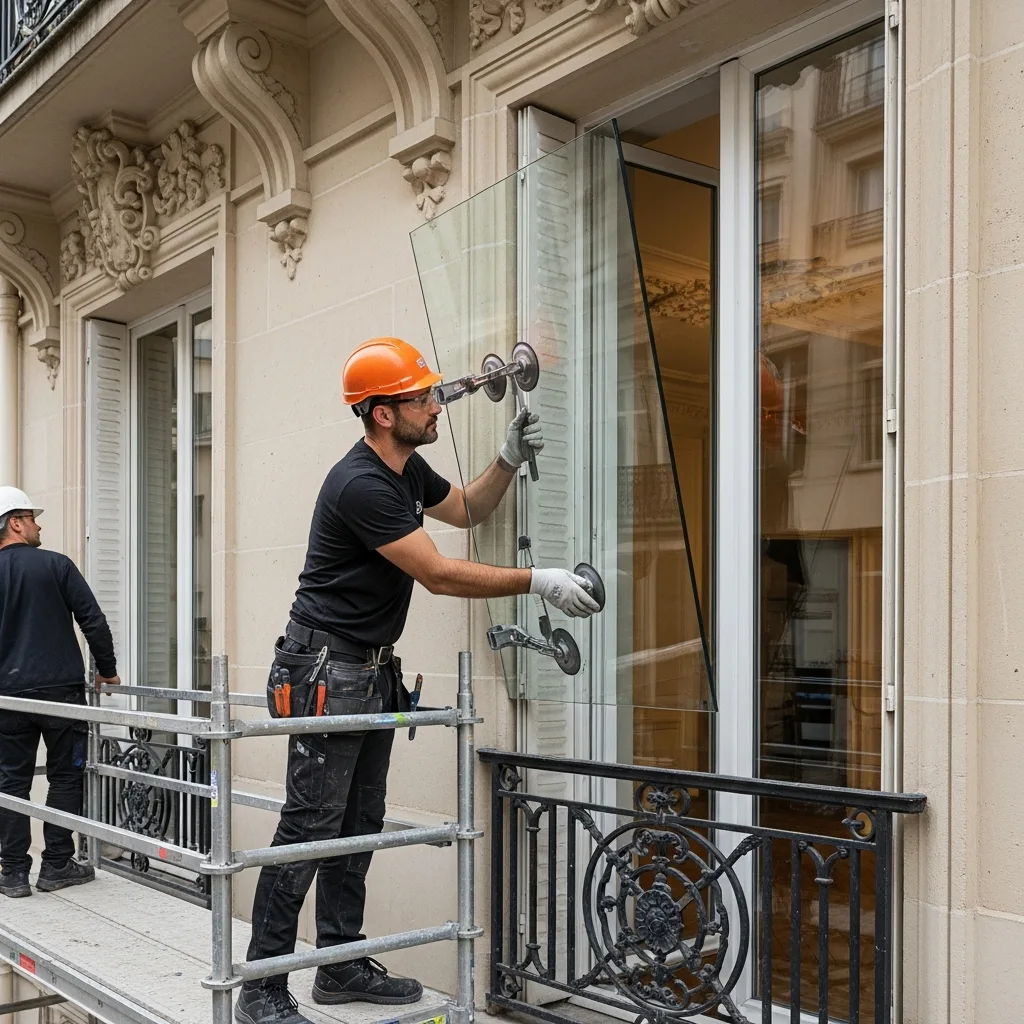 Vitrier remplaçant une vitre à Arcueil