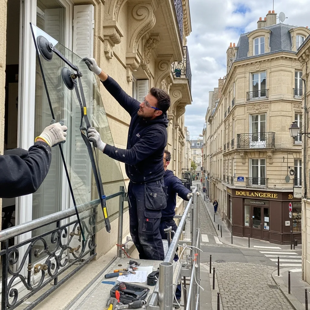 Vitrier remplaçant une vitre à Armentières-en-Brie