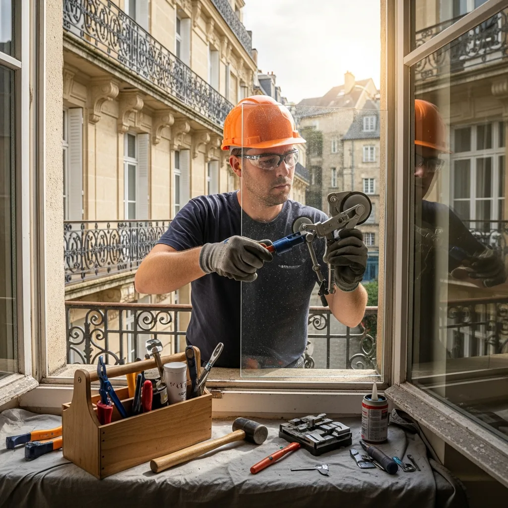 Vitrier remplaçant une vitre à Barbizon