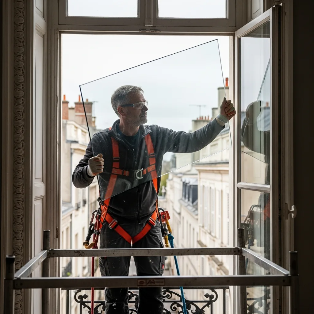Vitrier remplaçant une vitre à Bois-le-Roi