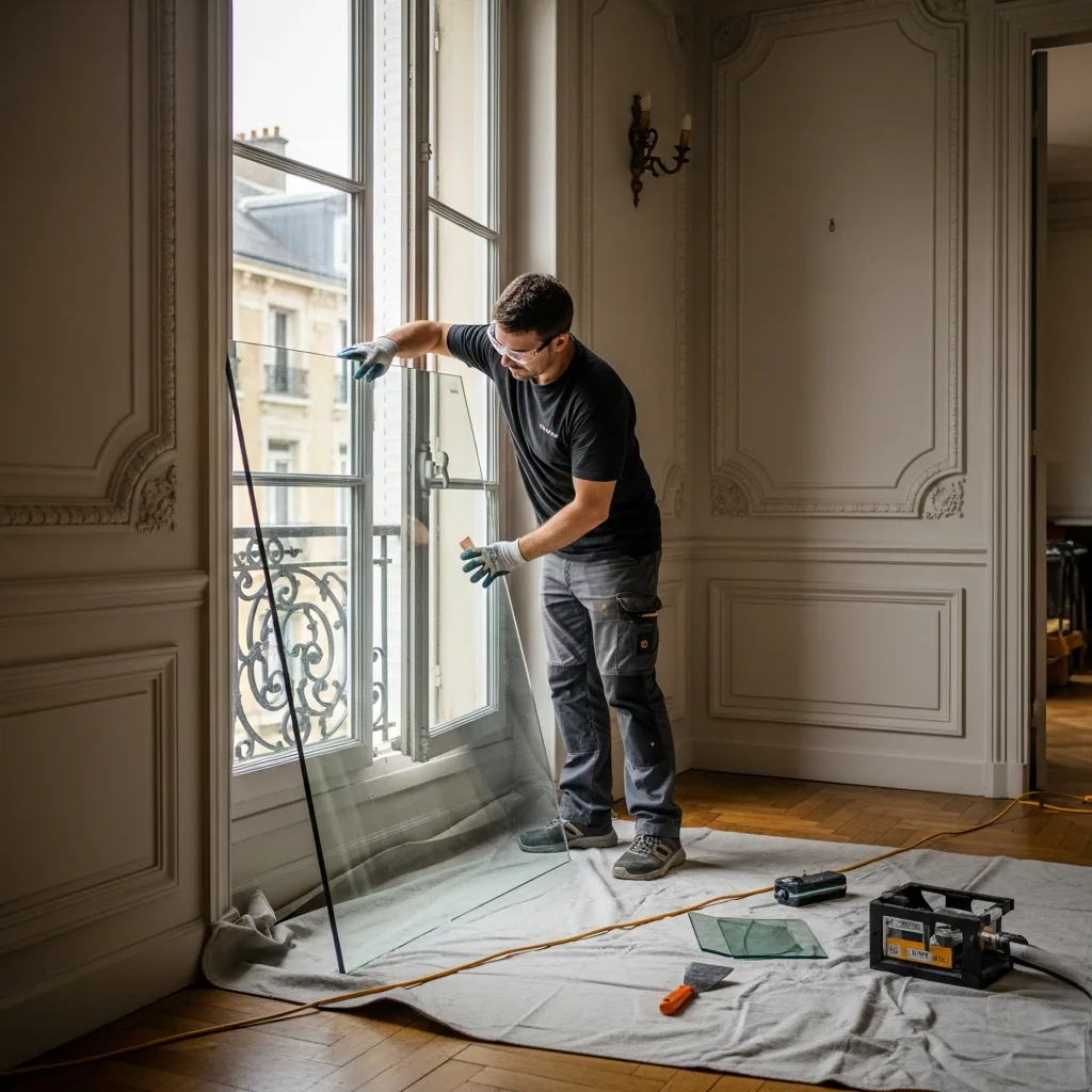 Vitrier remplaçant une vitre à Bouffémont
