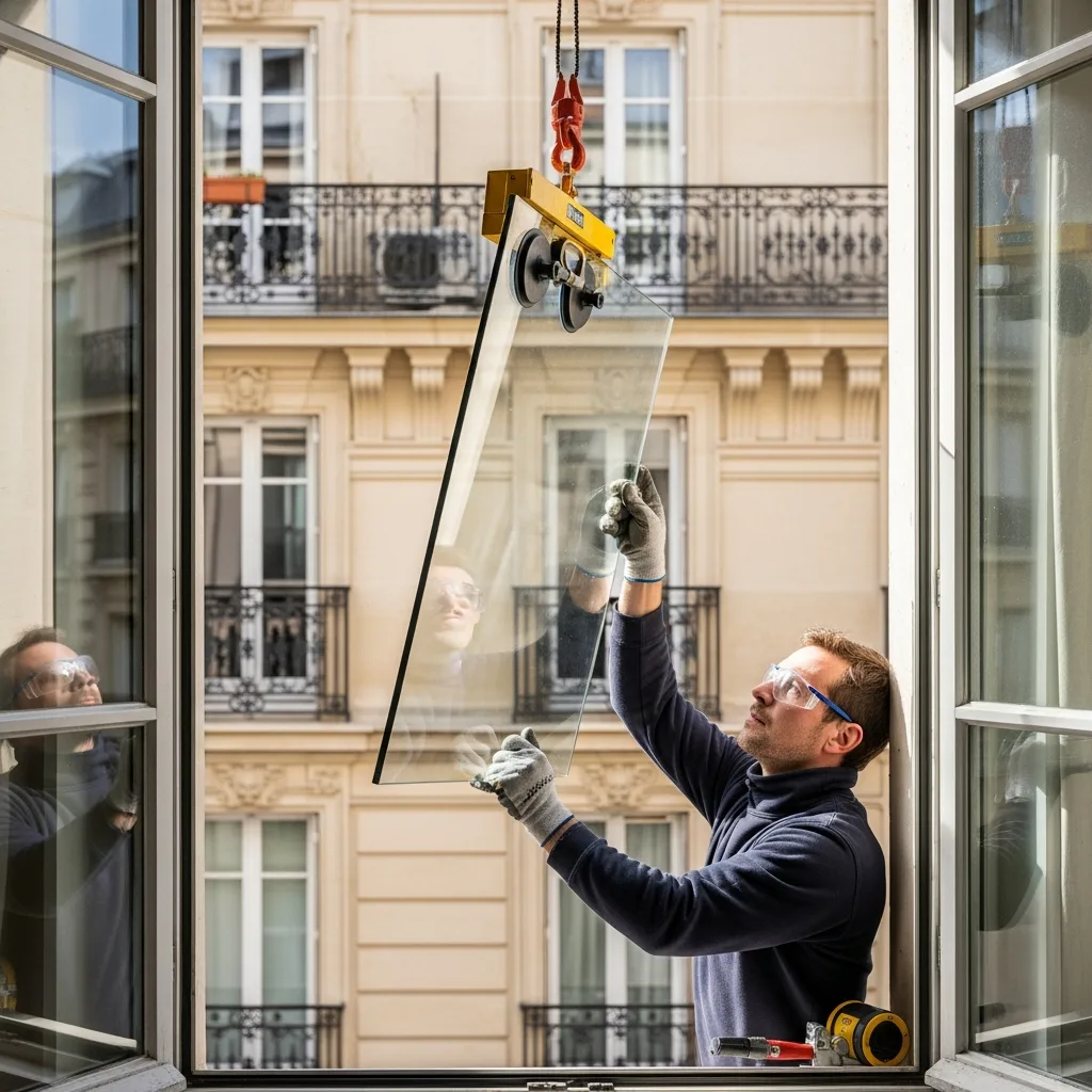 Vitrier remplaçant une vitre à Boulogne-Billancourt