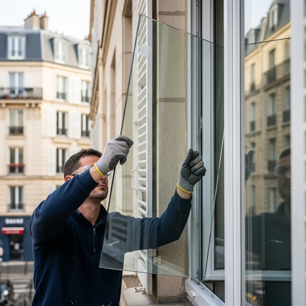 Vitrier remplaçant une vitre à Cachan