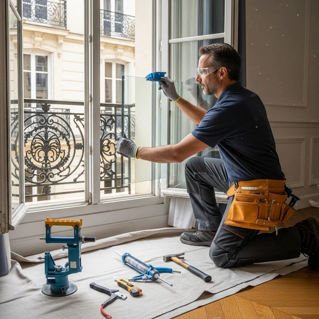 Vitrier remplaçant une vitre à Chailly-en-Brie