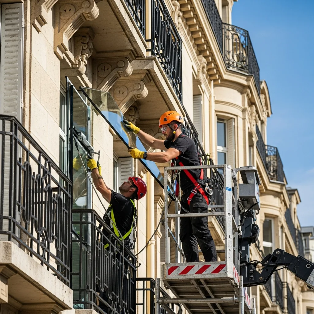 Vitrier remplaçant une vitre à Champlan