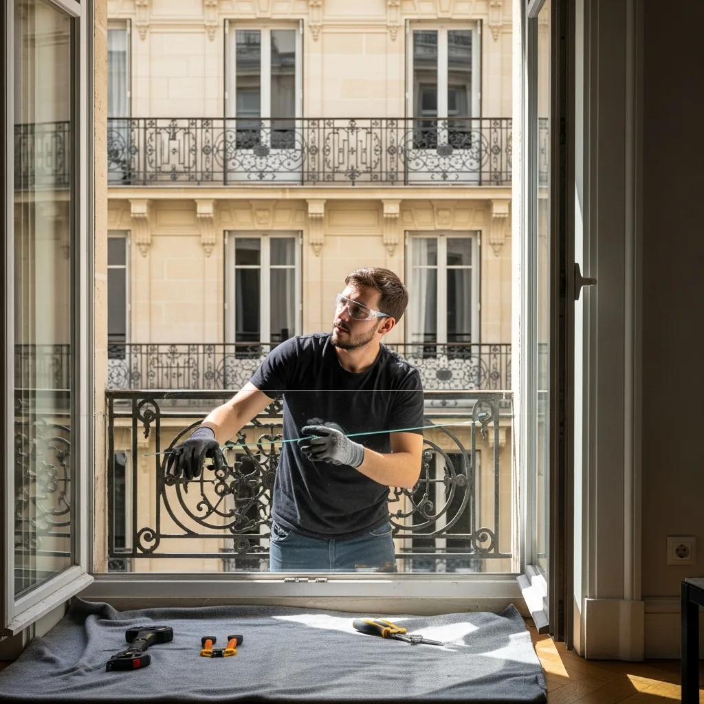 Vitrier remplaçant une vitre à Chaumes-en-Brie