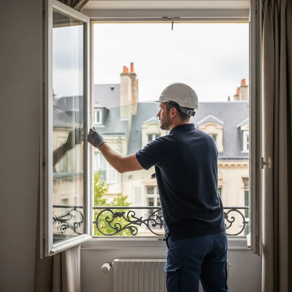 Vitrier remplaçant une vitre à Chaumontel