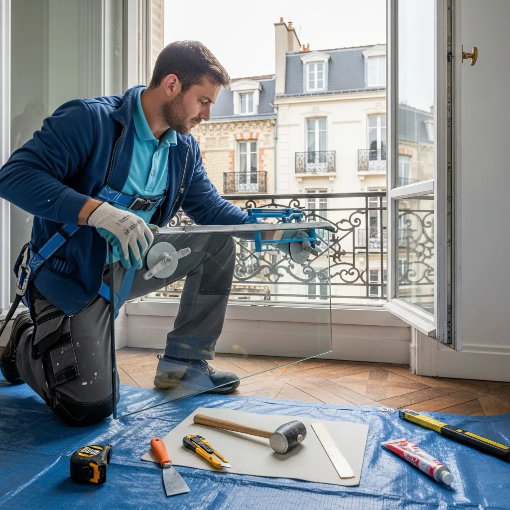 Vitrier remplaçant une vitre à Choisy-le-Roi