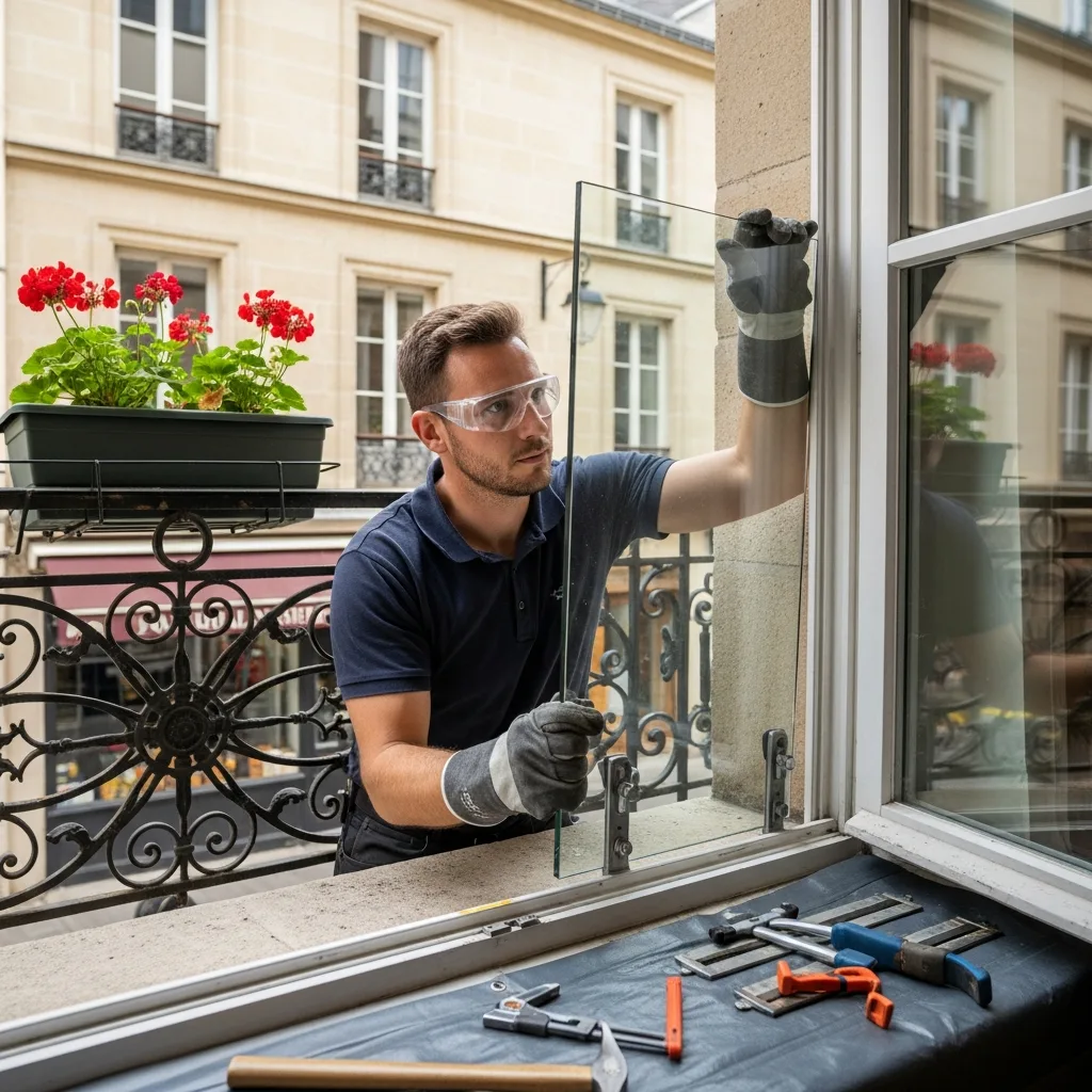 Vitrier remplaçant une vitre à Collégien