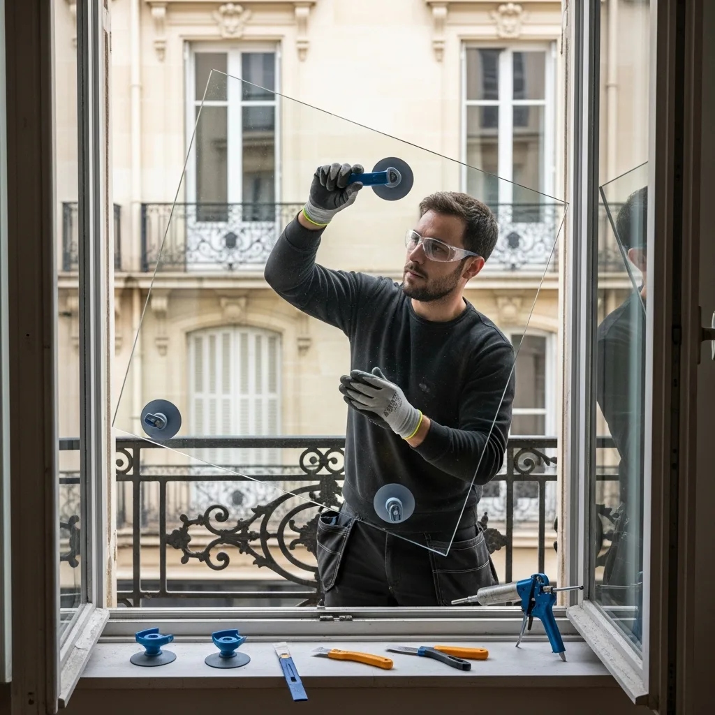 Vitrier remplaçant une vitre à Congis-sur-Thérouanne