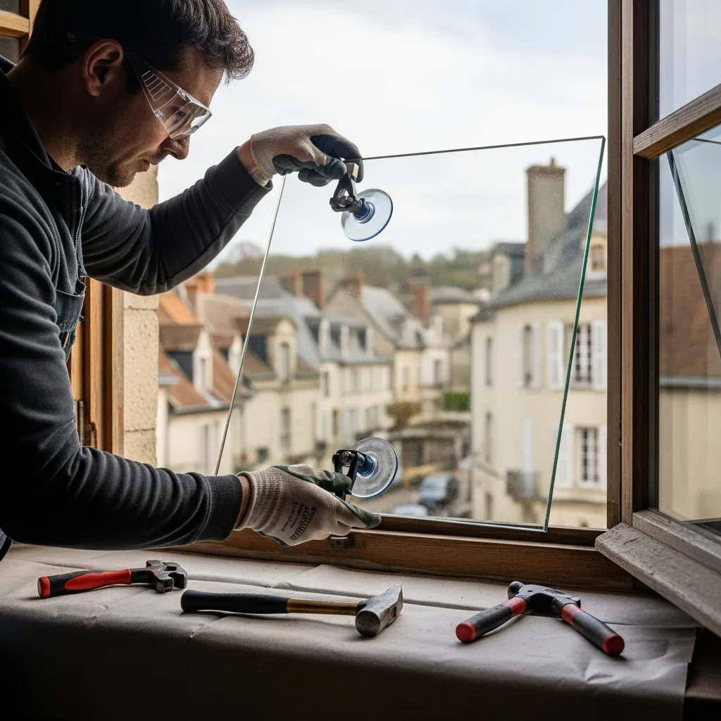 Vitrier remplaçant une vitre à Coupvray