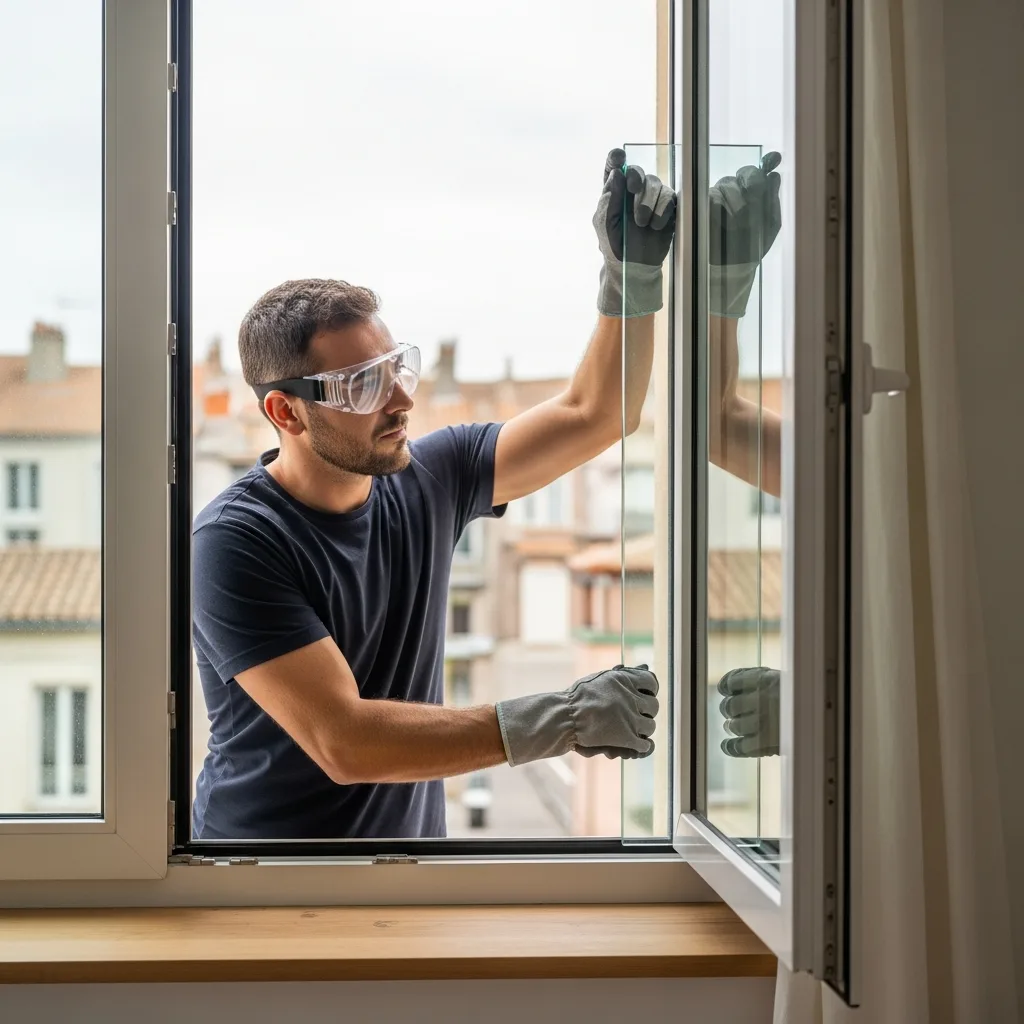 Vitrier remplaçant une vitre à D'Huison-Longueville