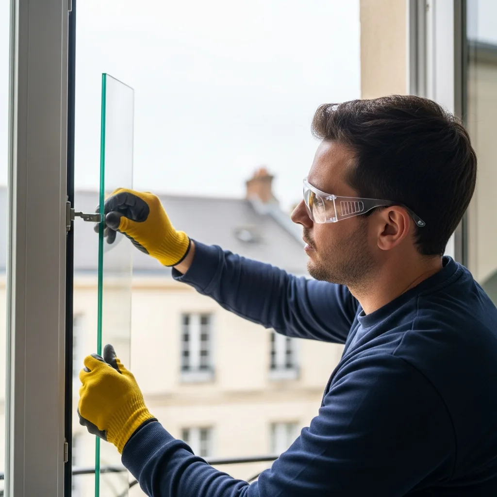 Vitrier remplaçant une vitre à Dampmart