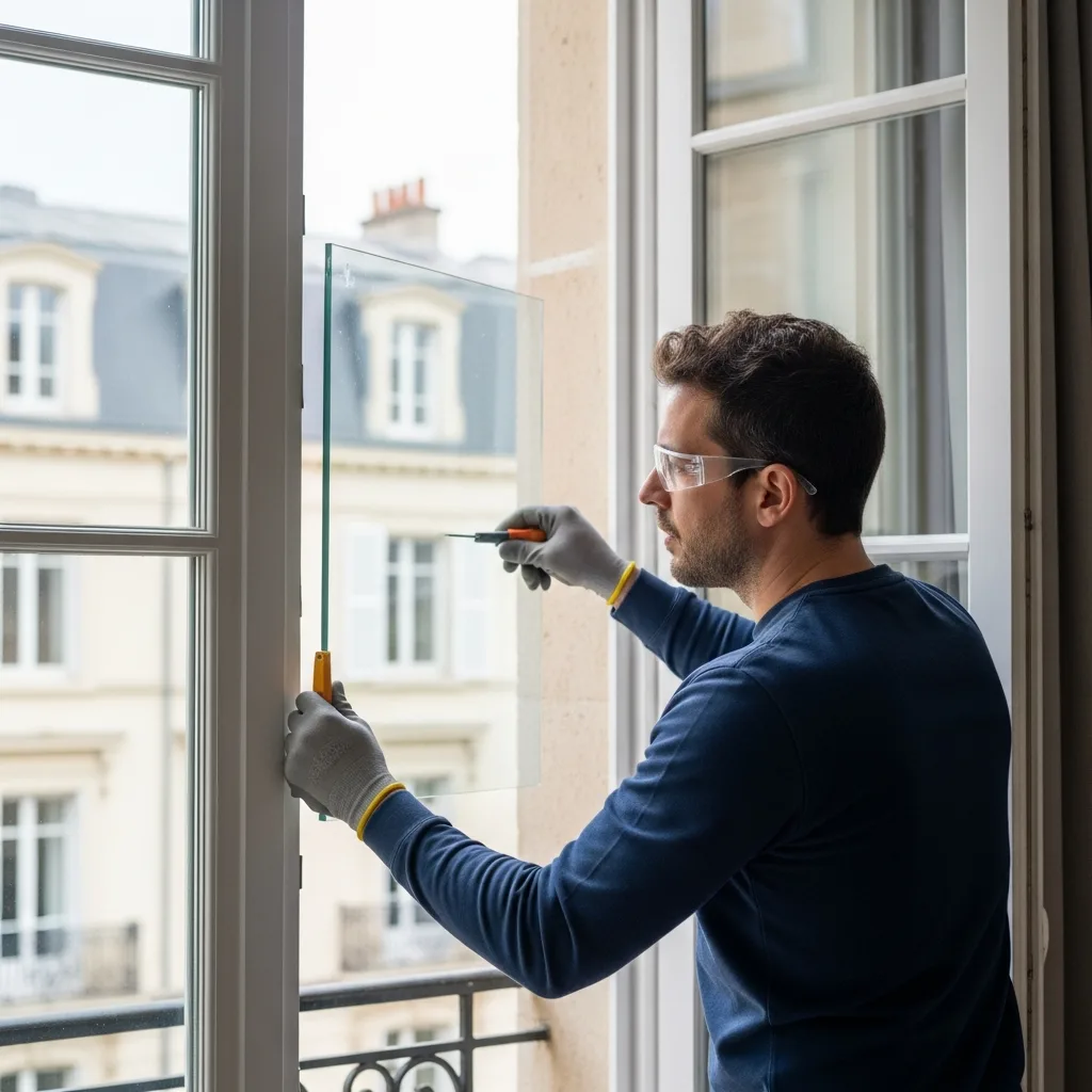 Vitrier remplaçant une vitre à Ecquevilly