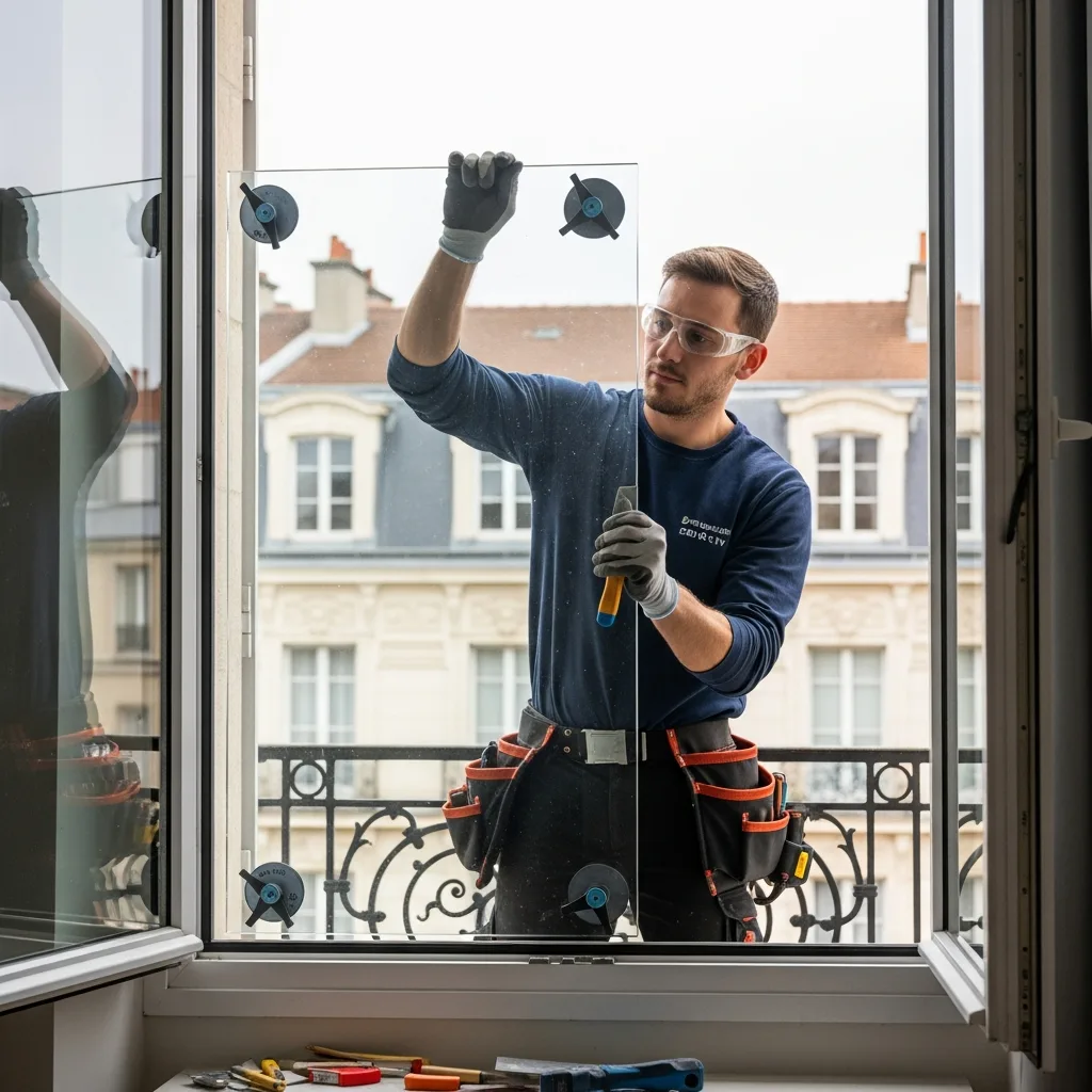 Vitrier remplaçant une vitre à Enghien-les-Bains