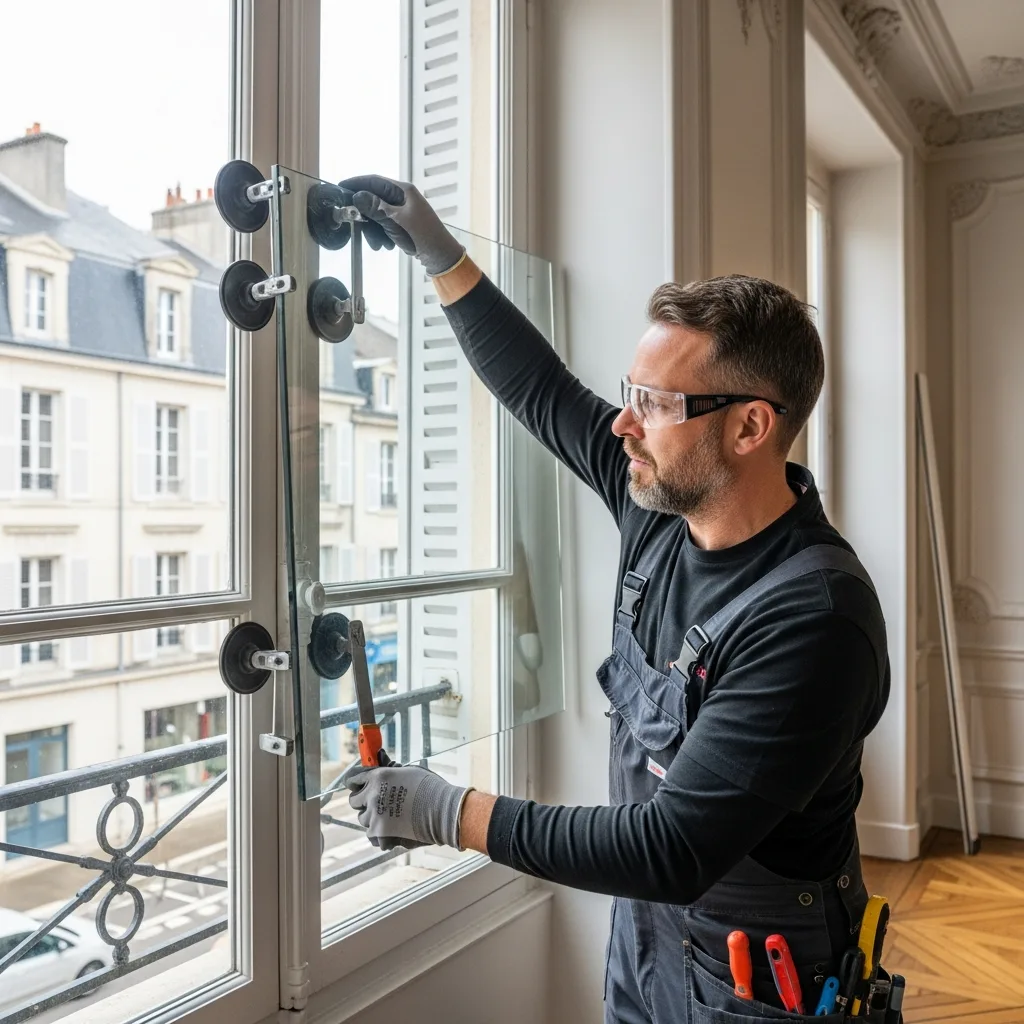 Vitrier remplaçant une vitre à Étiolles