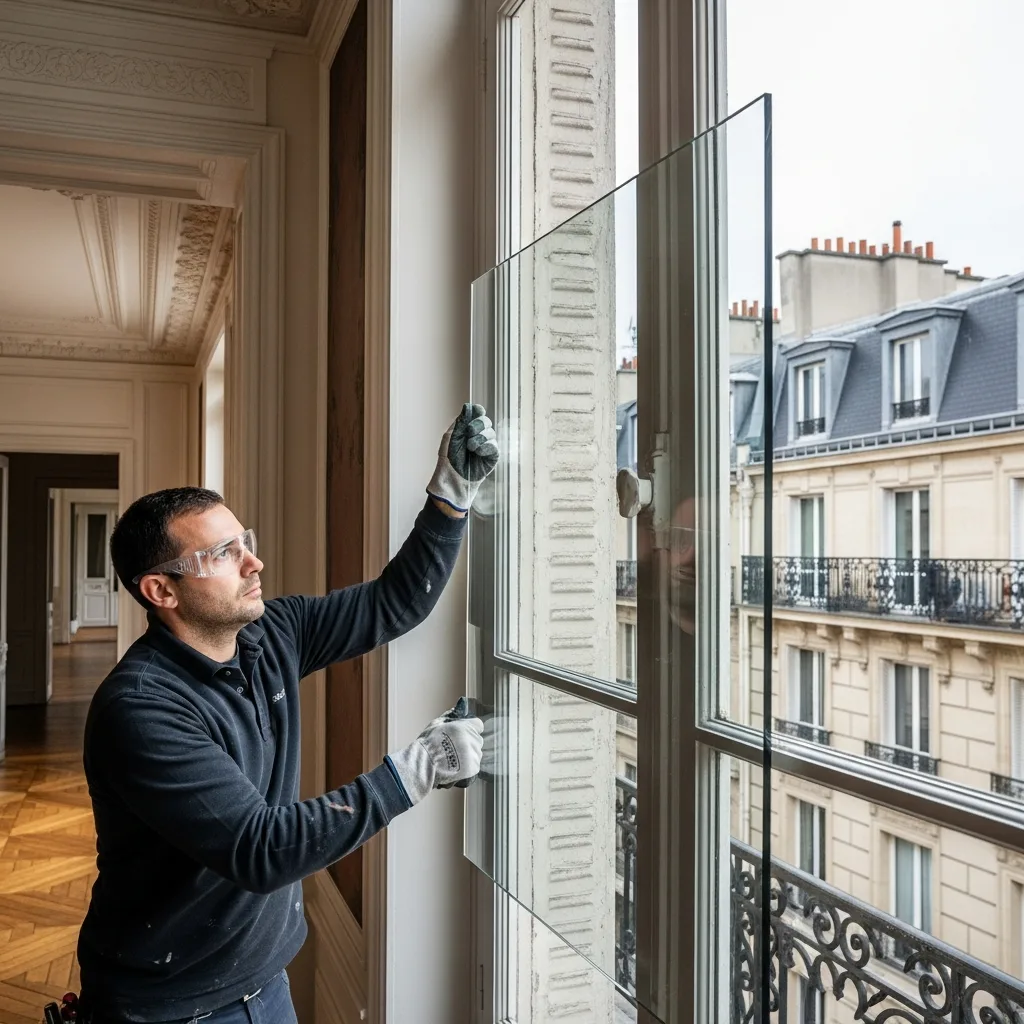 Vitrier remplaçant une vitre à Flins-sur-Seine