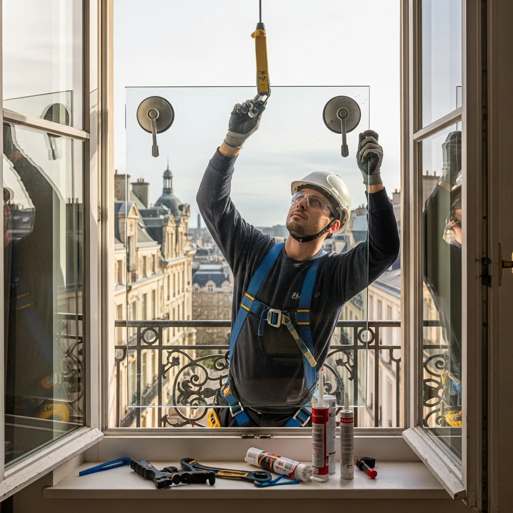 Vitrier remplaçant une vitre à Fontainebleau