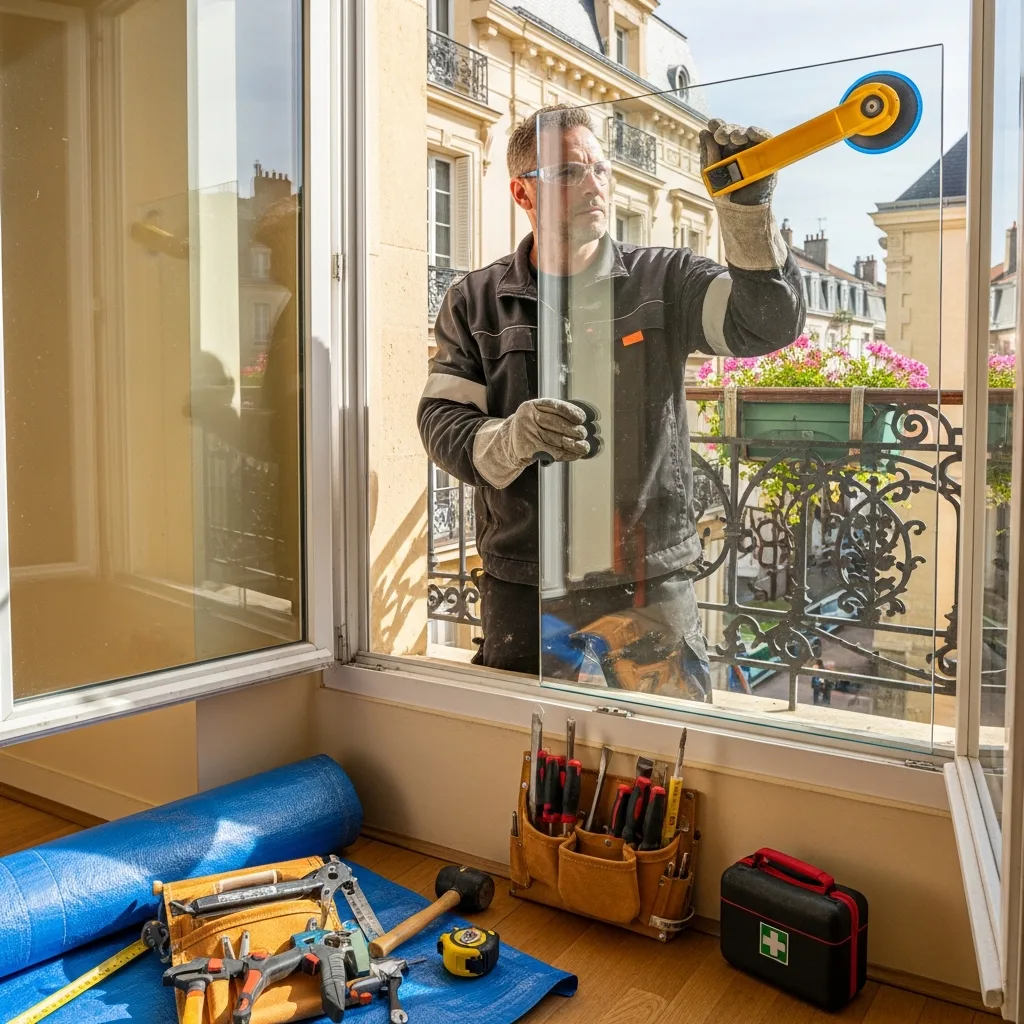 Vitrier remplaçant une vitre à Forges-les-Bains