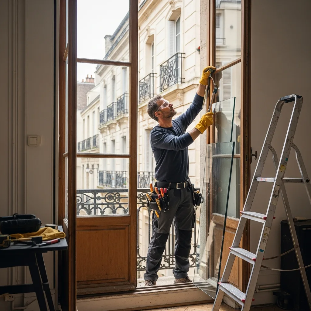 Vitrier remplaçant une vitre à Gonesse
