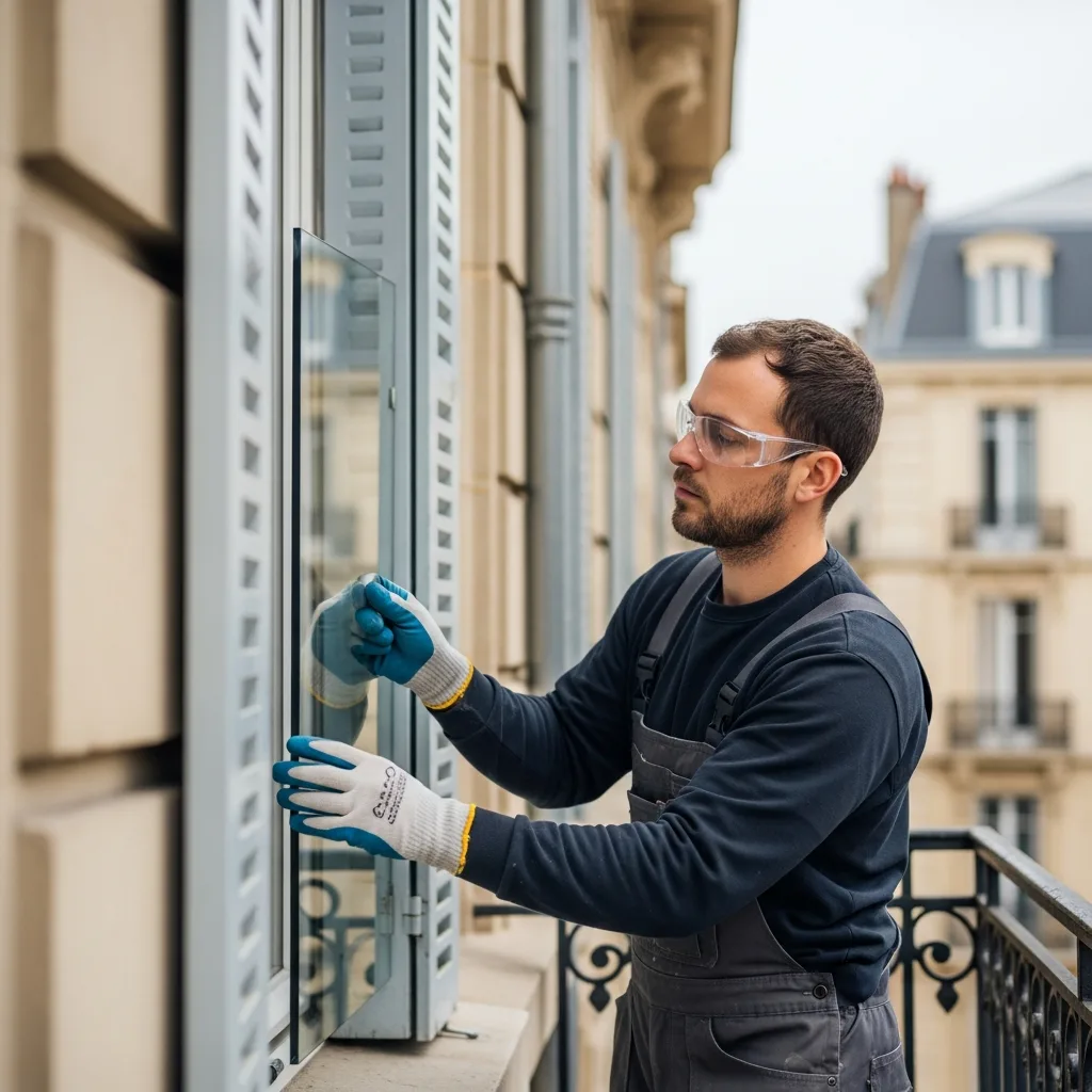 Vitrier remplaçant une vitre à Gouvernes