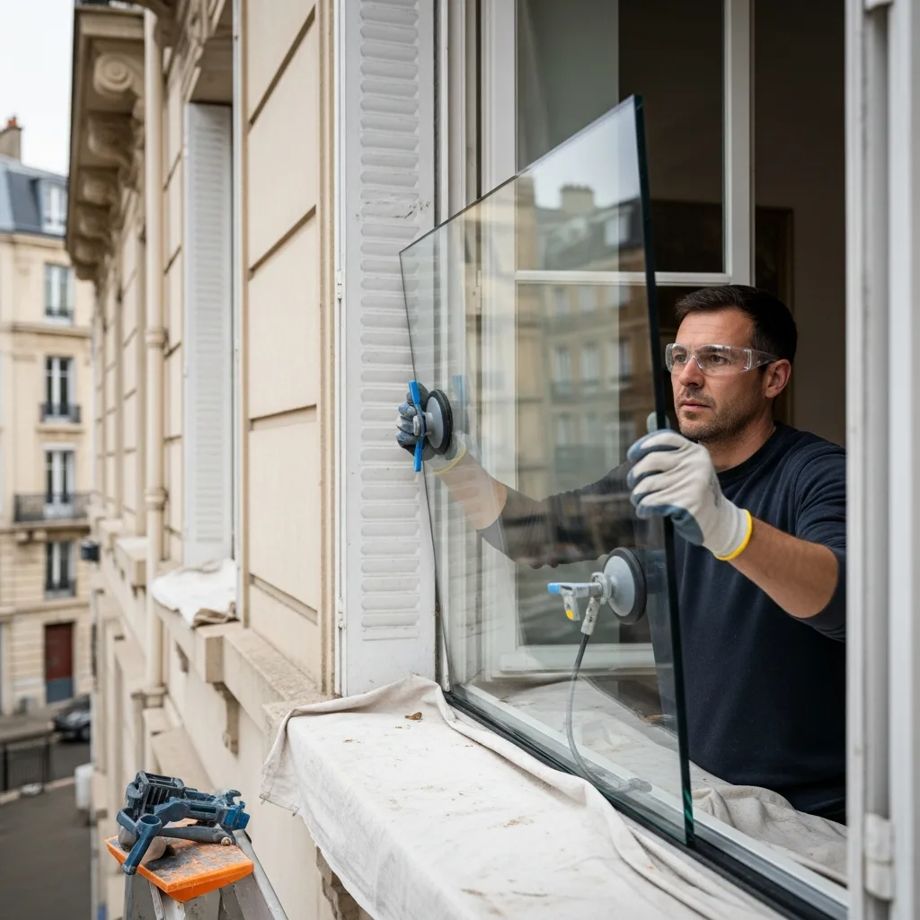 Vitrier remplaçant une vitre à Grigny