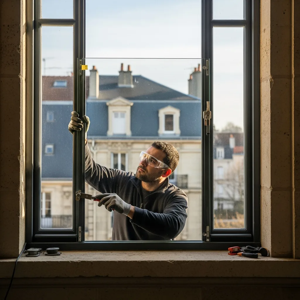 Vitrier remplaçant une vitre à Jouy-le-Moutier