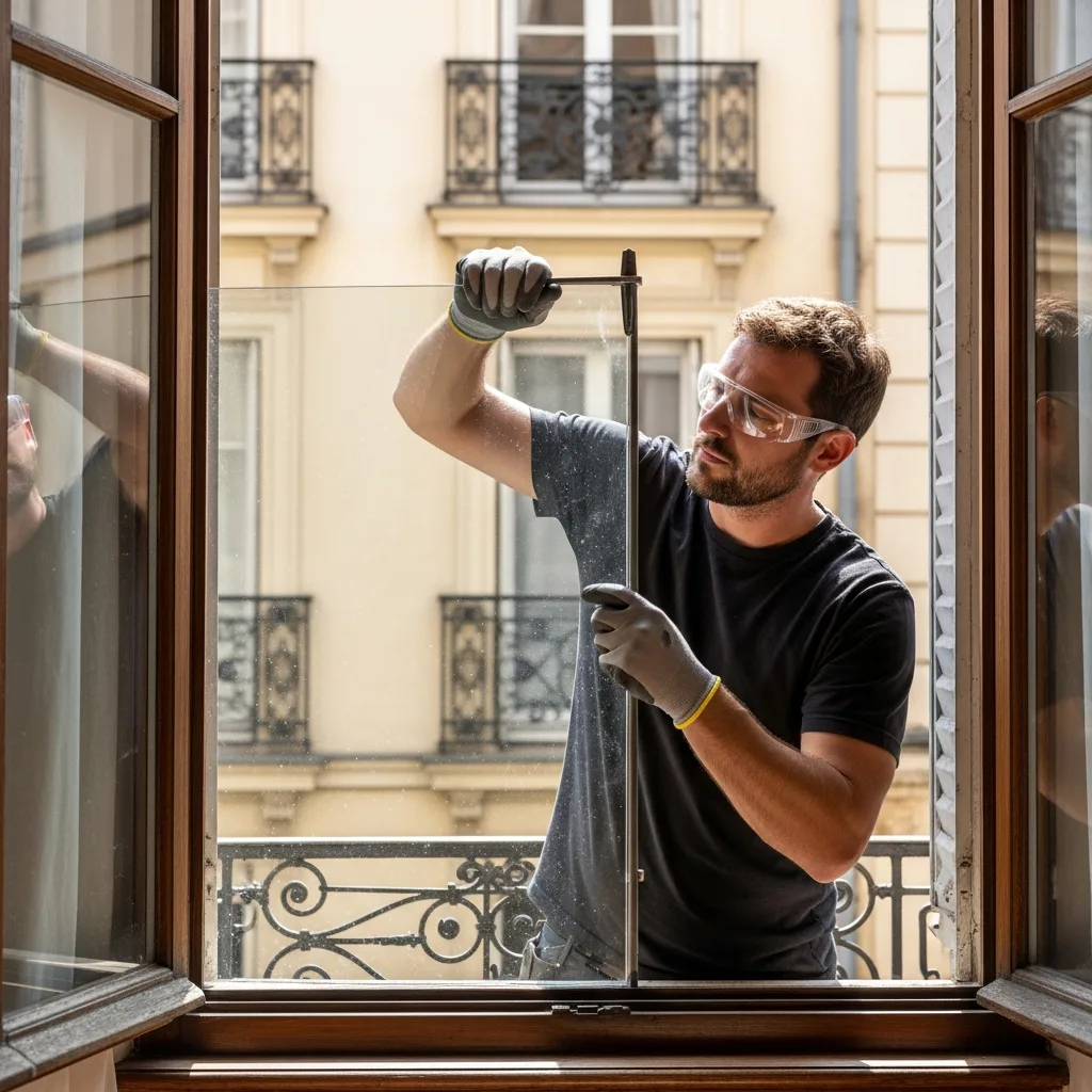 Vitrier remplaçant une vitre à Juilly