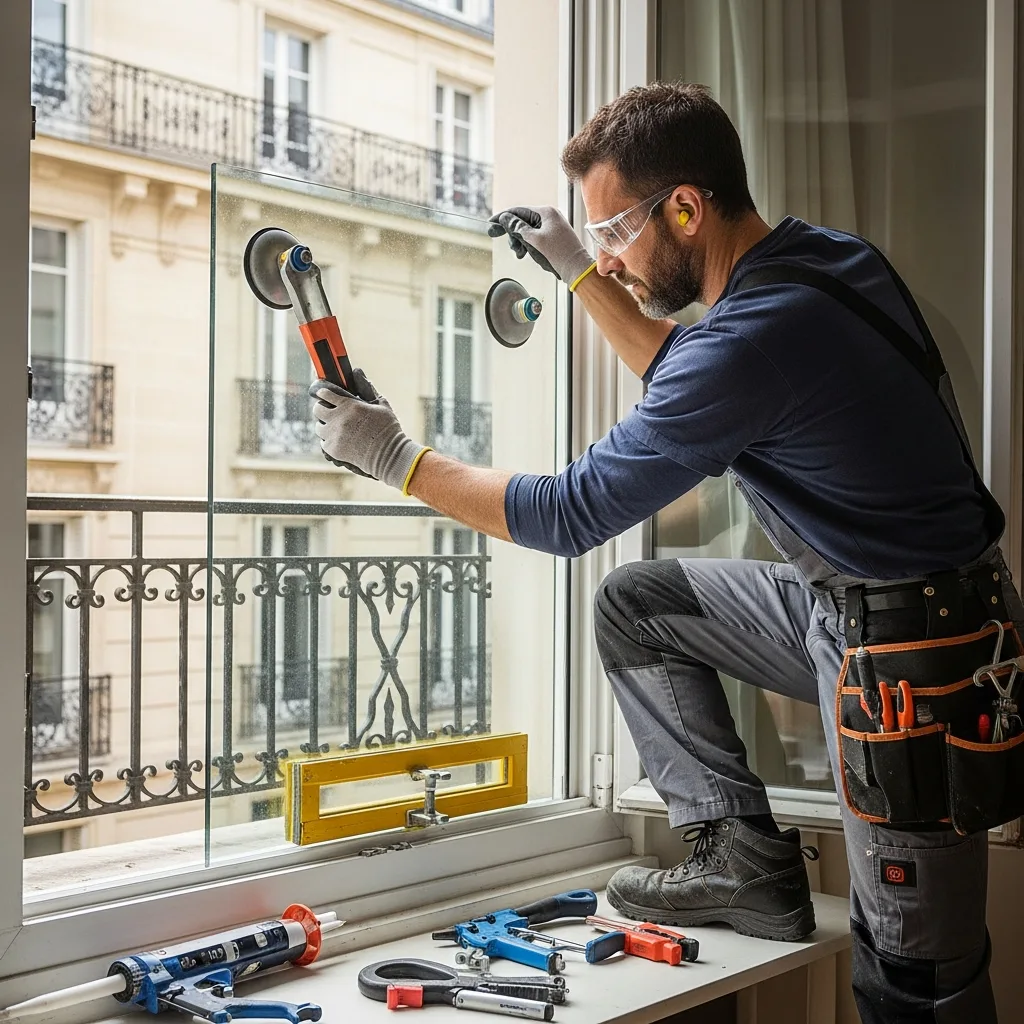 Vitrier remplaçant une vitre à Juziers