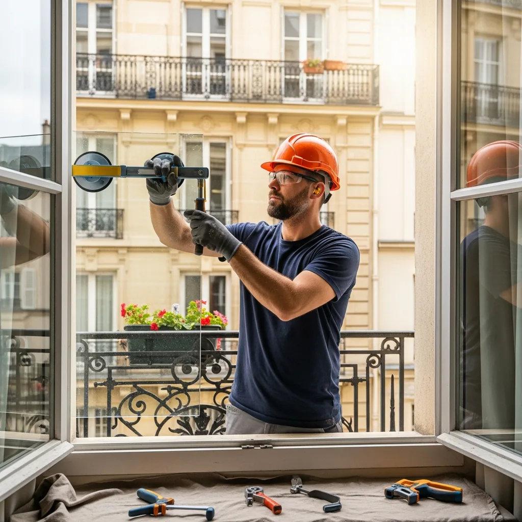 Vitrier remplaçant une vitre à L'Étang-la-Ville