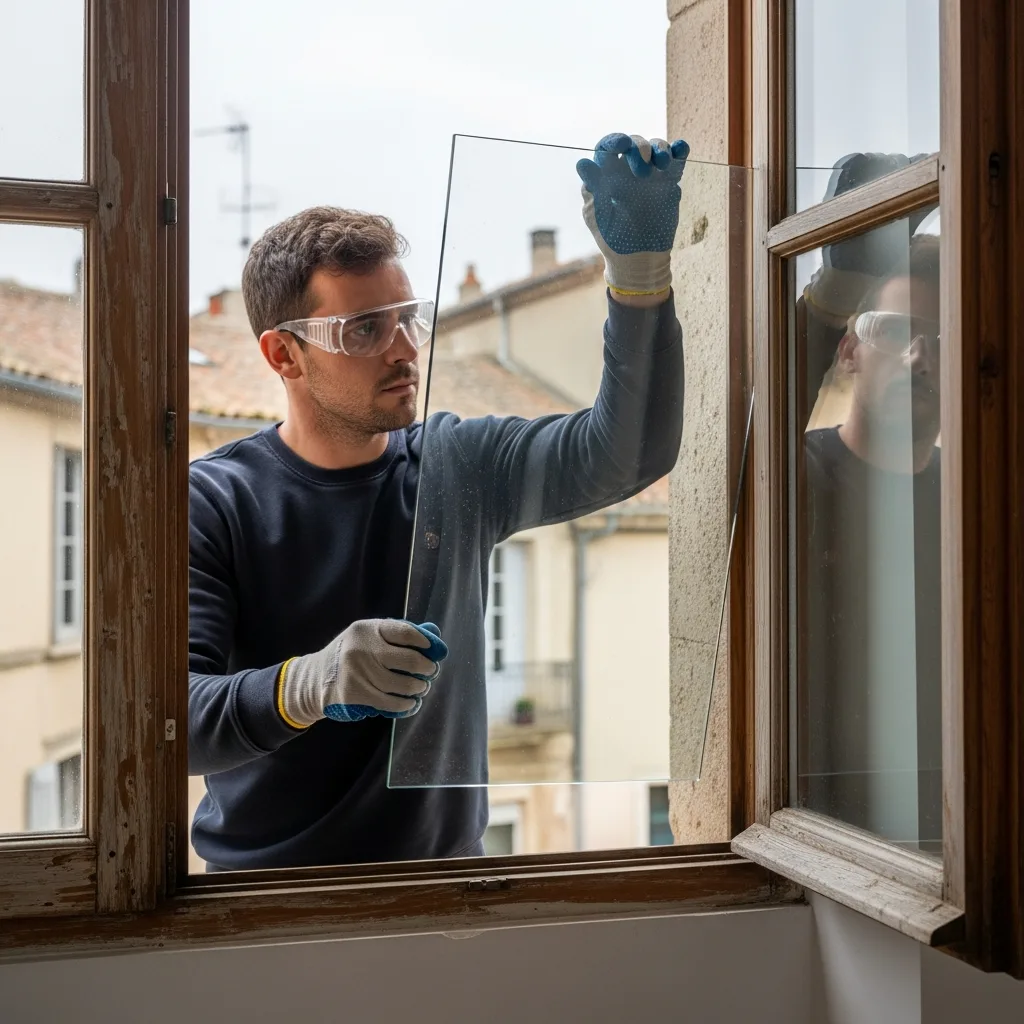 Vitrier remplaçant une vitre à La Chapelle-Gauthier