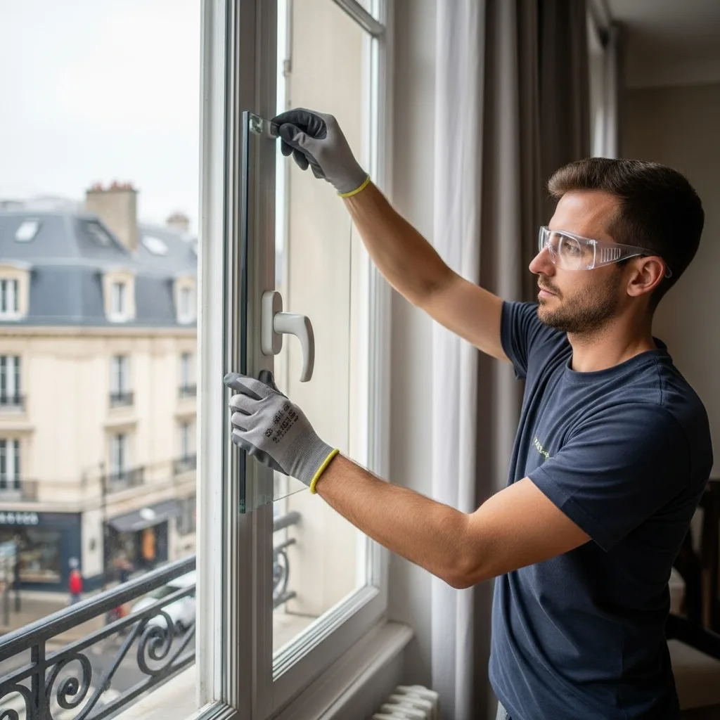 Vitrier remplaçant une vitre à La Courneuve