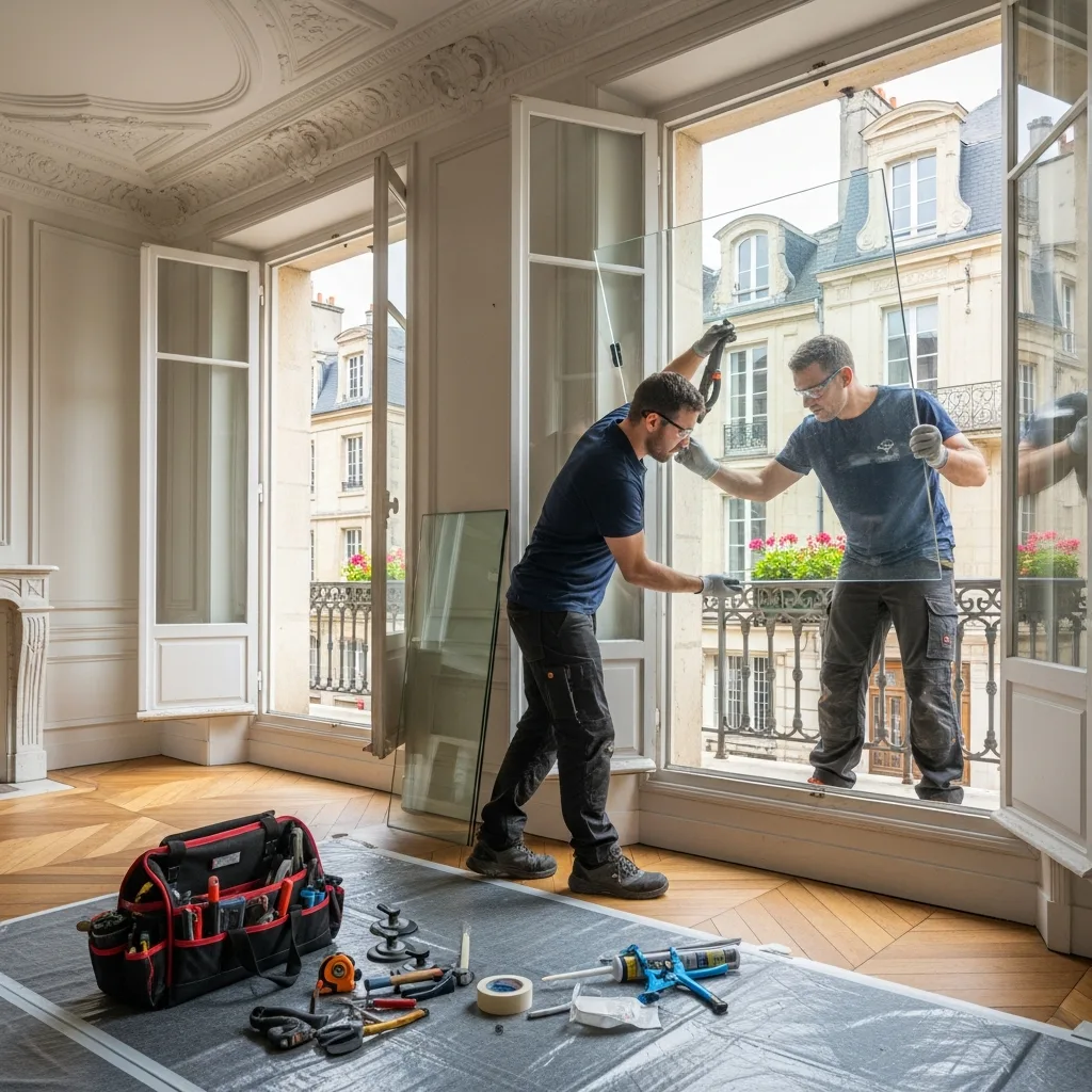Vitrier remplaçant une vitre à La Houssaye-en-Brie