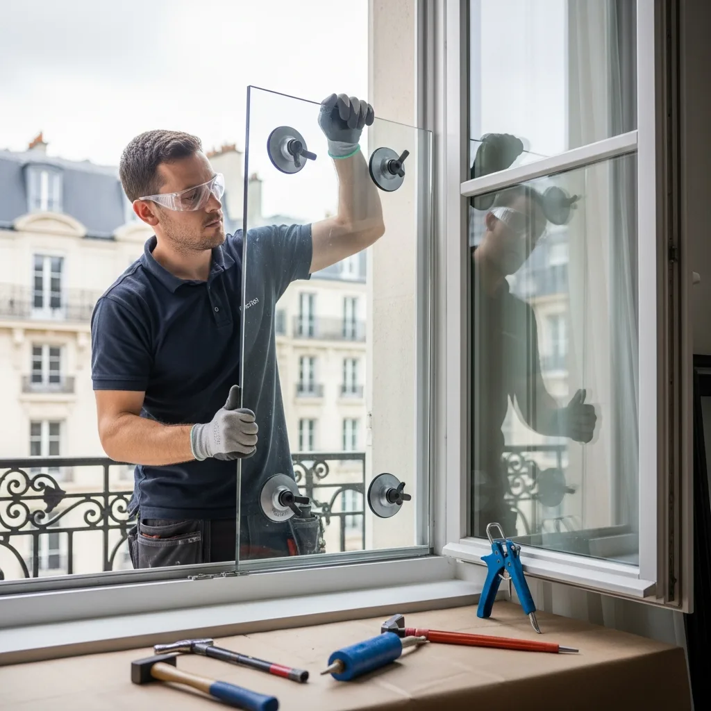 Vitrier remplaçant une vitre à La Verrière