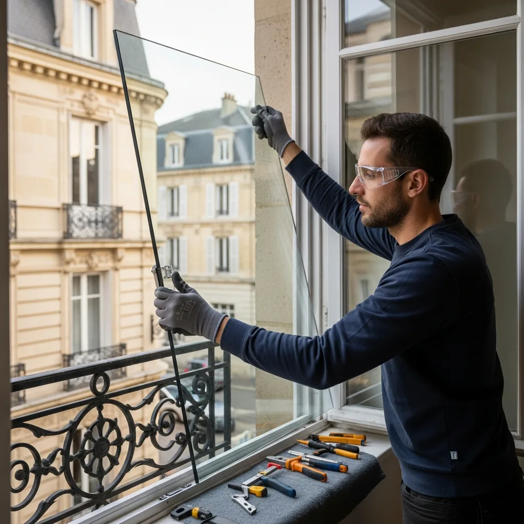 Vitrier remplaçant une vitre à Lagny-sur-Marne