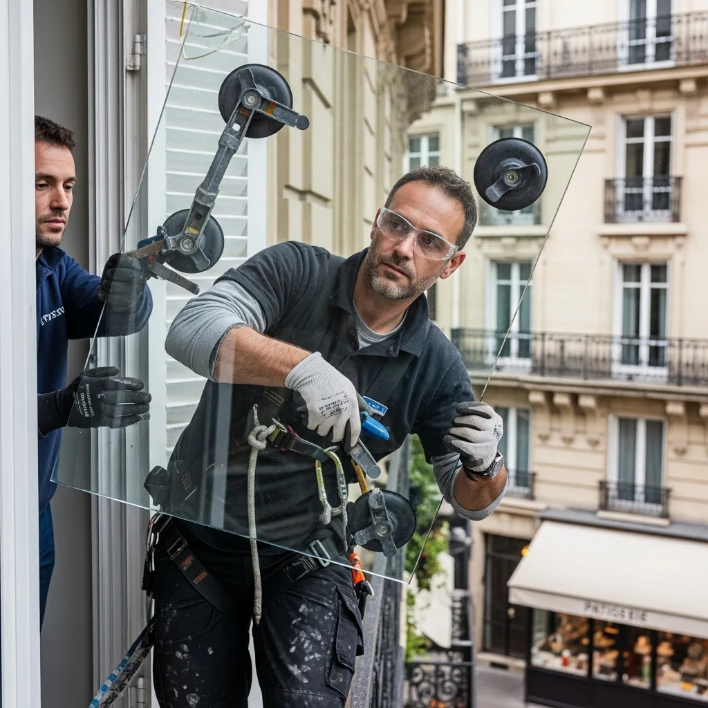 Vitrier remplaçant une vitre à Le Blanc-Mesnil