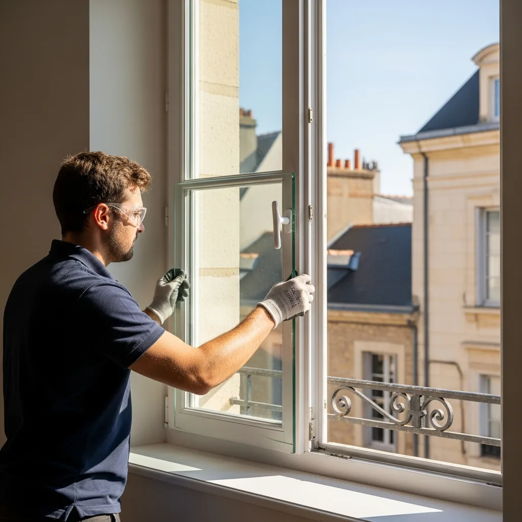 Vitrier remplaçant une vitre à Le Mérévillois