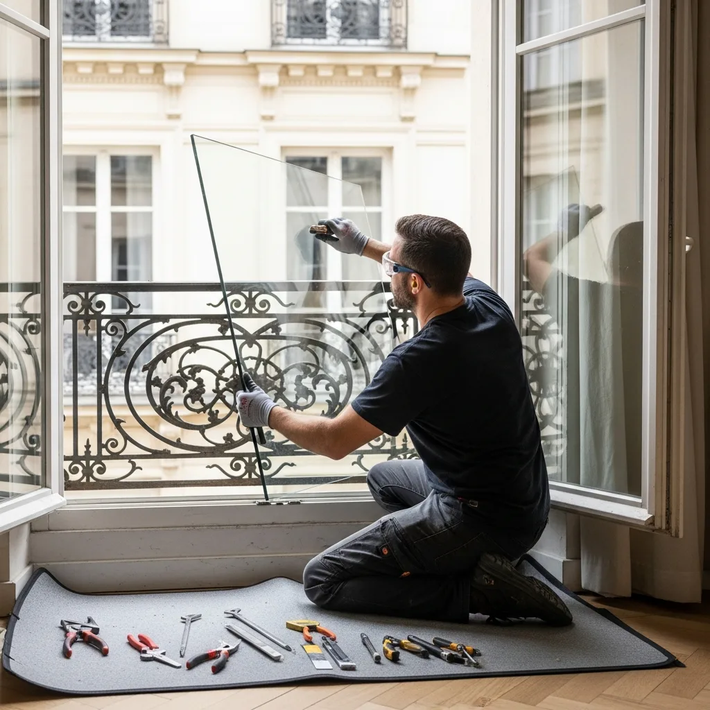 Vitrier remplaçant une vitre à Le Port-Marly