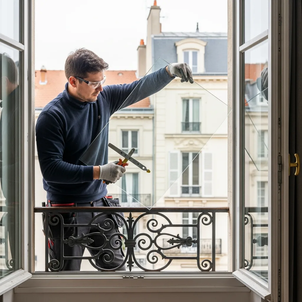 Vitrier remplaçant une vitre à Le Pré-Saint-Gervais