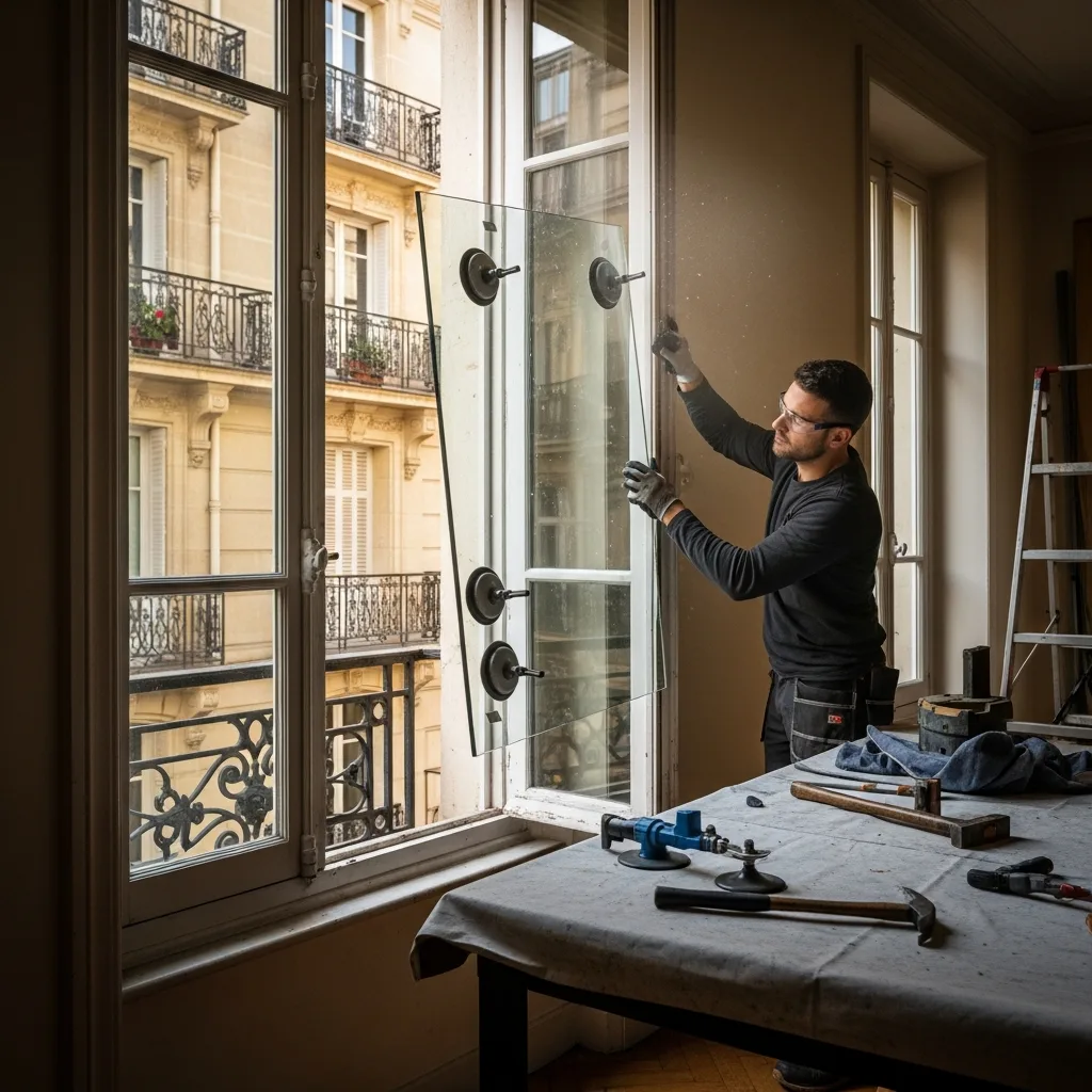 Vitrier remplaçant une vitre à Les Essarts-le-Roi