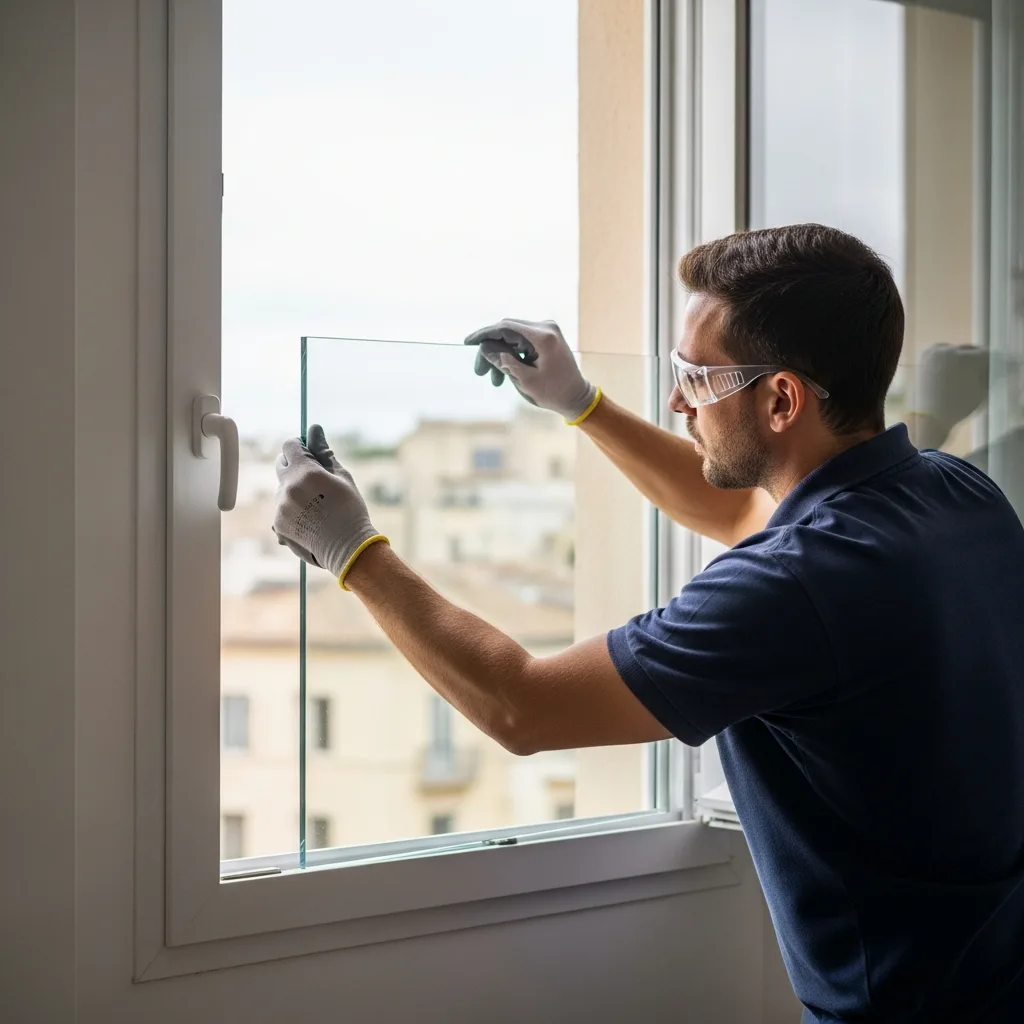 Vitrier remplaçant une vitre à Les Lilas