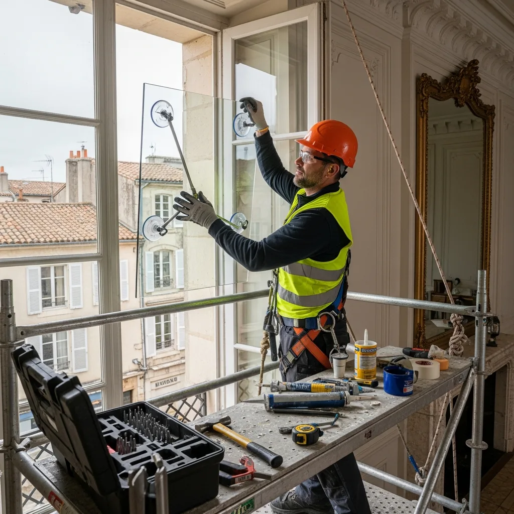 Vitrier remplaçant une vitre à Leudeville