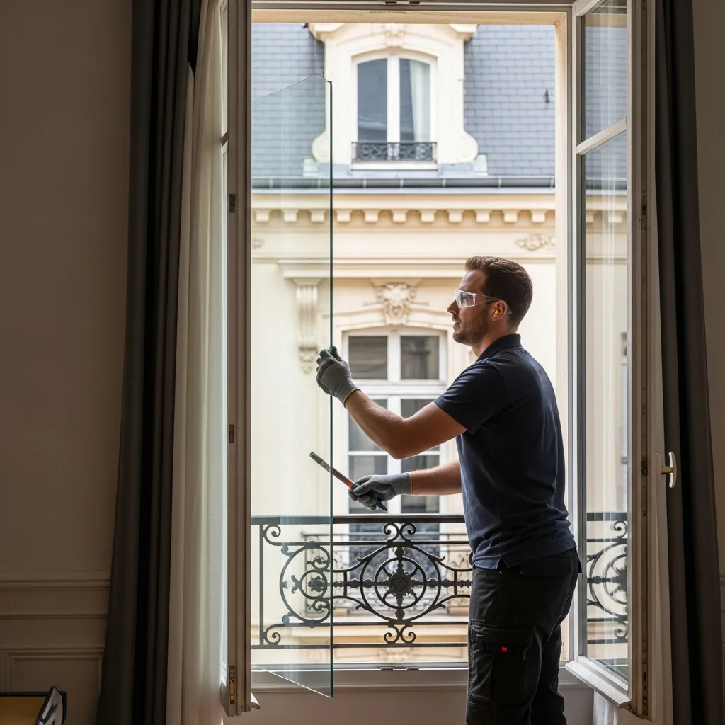 Vitrier remplaçant une vitre à Longnes