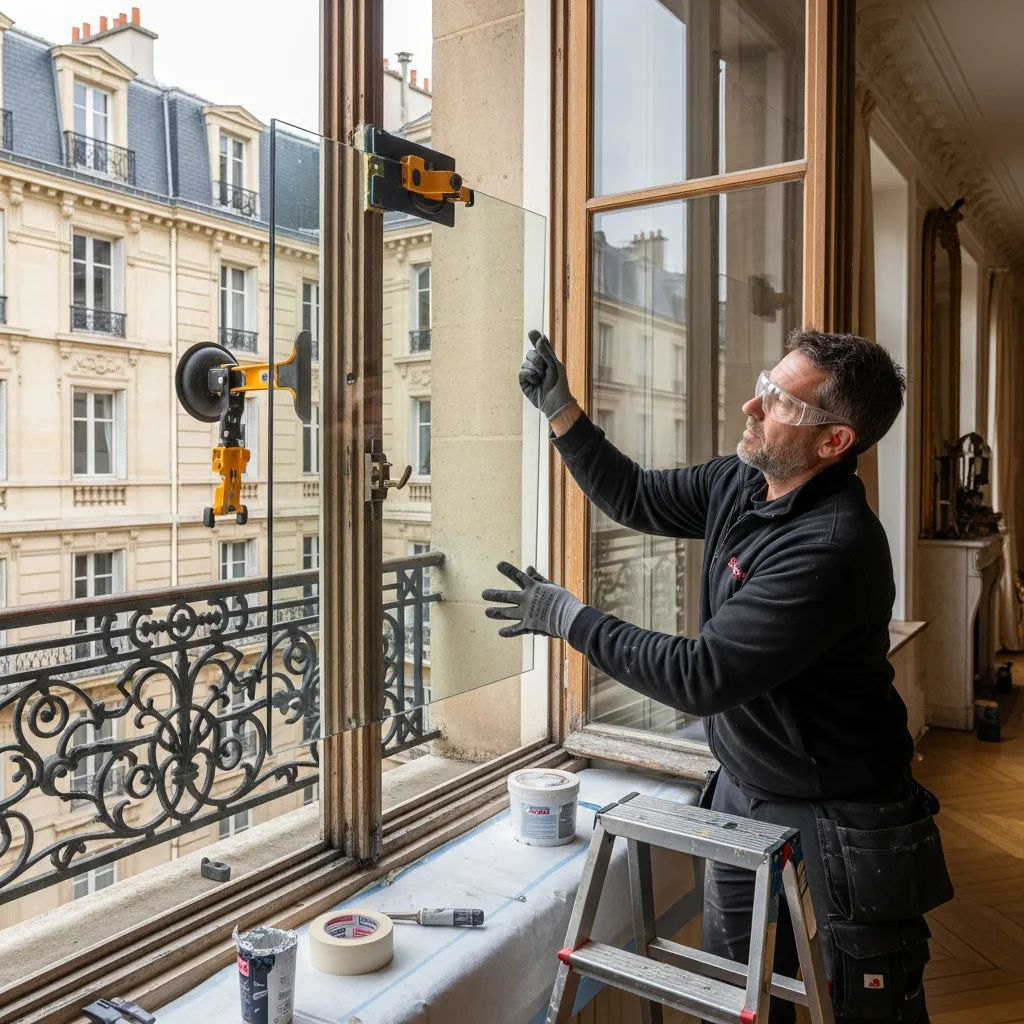 Vitrier remplaçant une vitre à Longueville