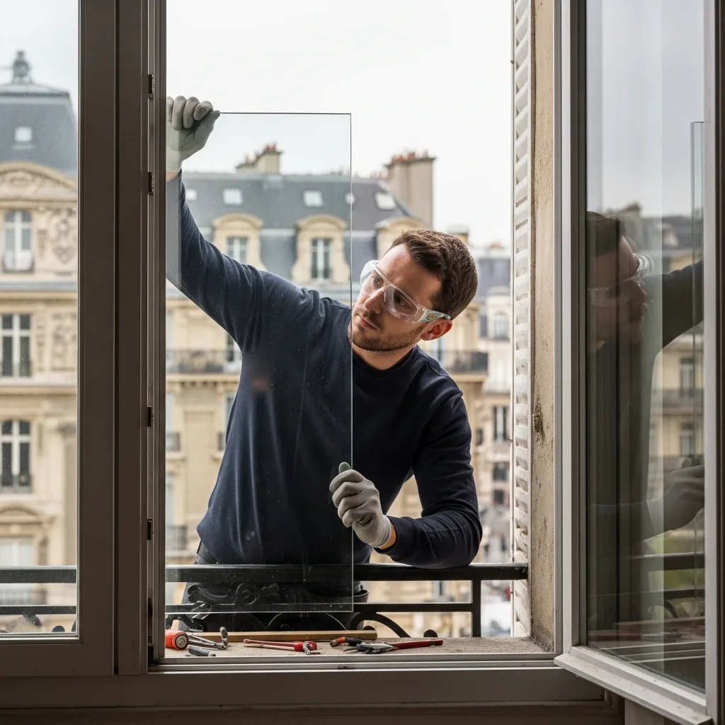 Vitrier remplaçant une vitre à Louvres