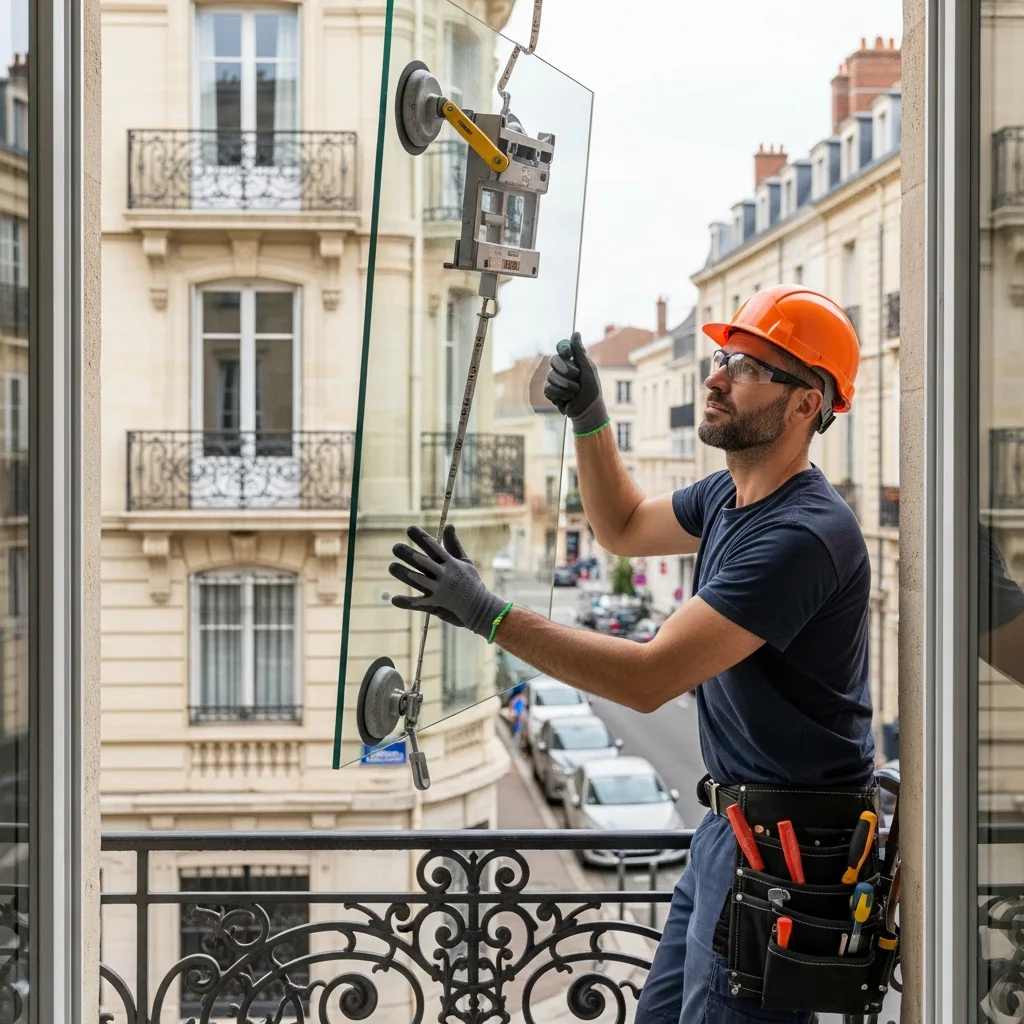 Vitrier remplaçant une vitre à Mantes-la-Jolie