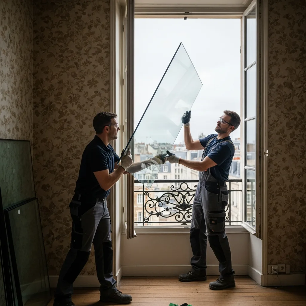 Vitrier remplaçant une vitre à Mantes-la-Ville