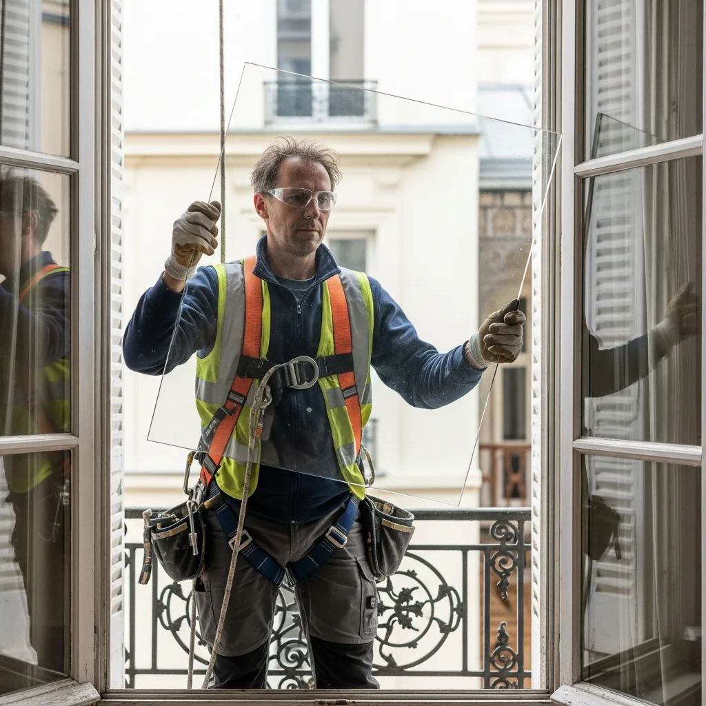 Vitrier remplaçant une vitre à Margency