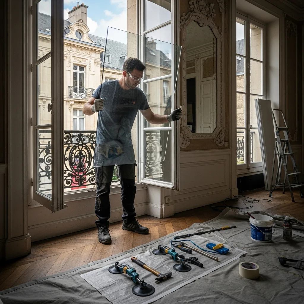 Vitrier remplaçant une vitre à Marolles-en-Hurepoix